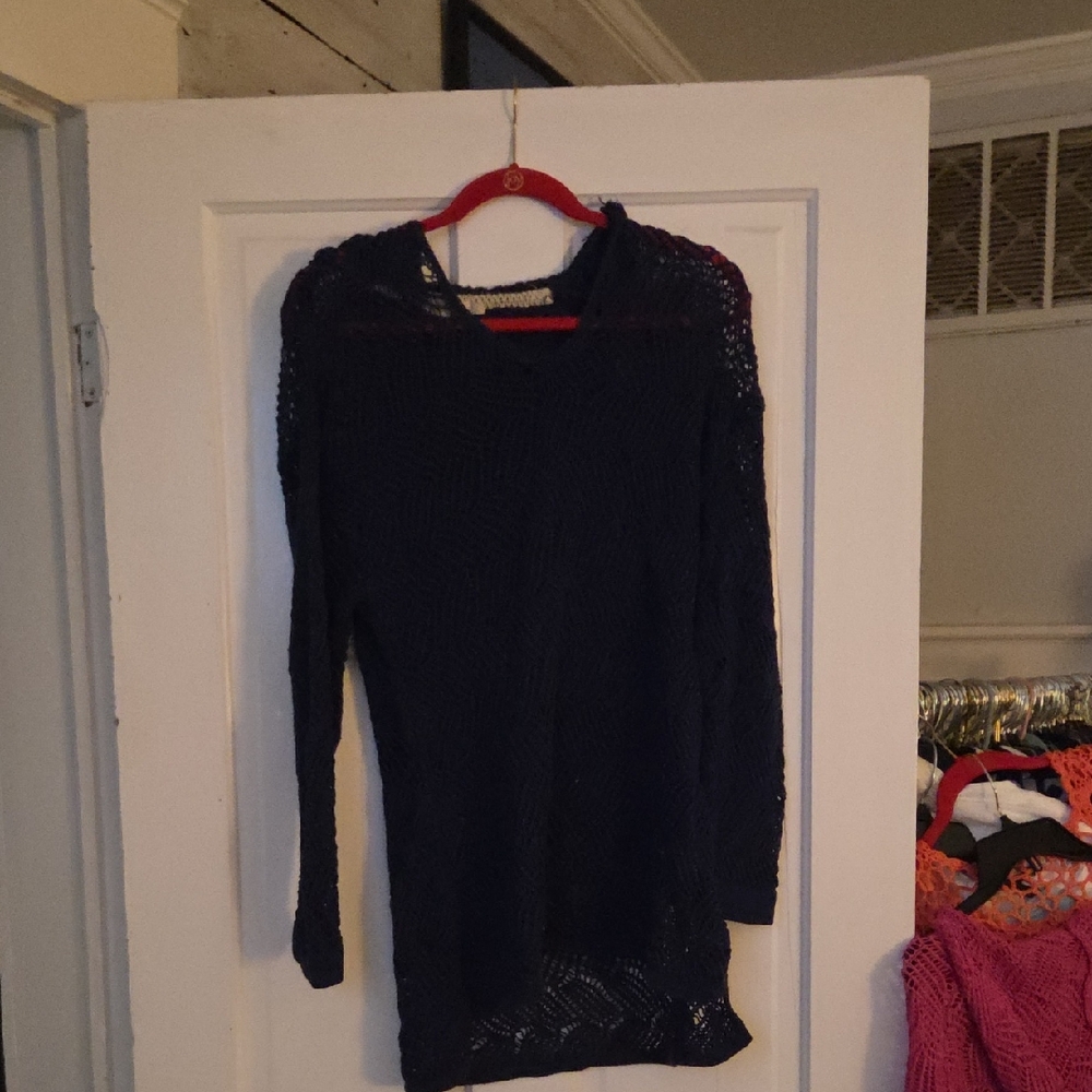 Women's Navy V-neck Crochet Sweater With Hood